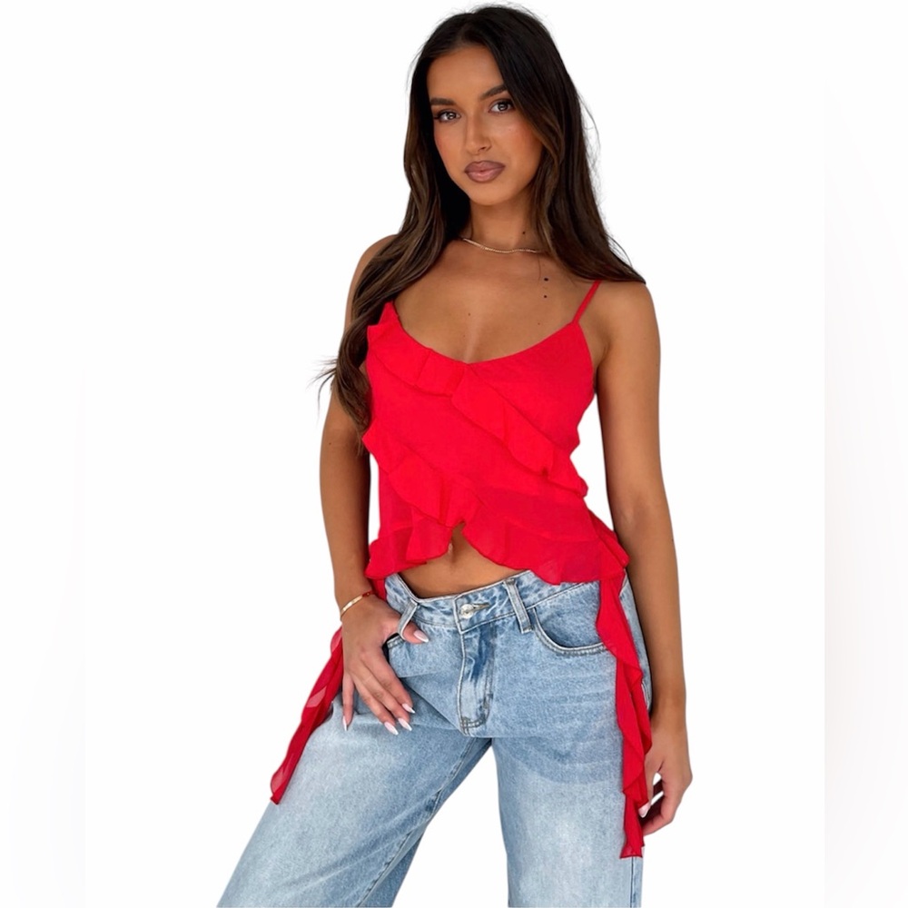 The Vintage Shop Ruffled V-Neck Chiffon Camisole — Red — NWT